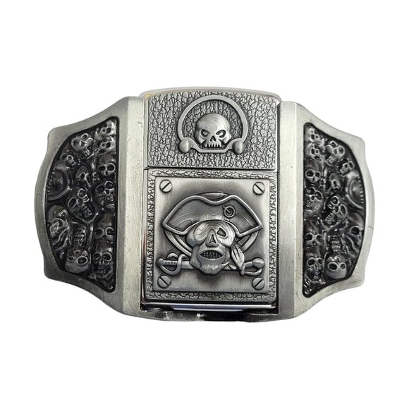 Antique Silver Finish Metal Pirate Skulls Lighter Belt Buckle - - Picture 6 of 10